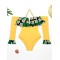Floral-Print Split-Joint Falbala Off-The-Shoulder Long Sleeve One-Piece Wetsuit