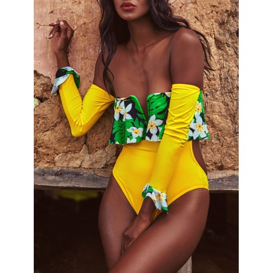 Floral-Print Split-Joint Falbala Off-The-Shoulder Long Sleeve One-Piece Wetsuit Floral-Print Split-Joint Falbala Off-The-Shoulder Long Sleeve One-Piece Wetsuit