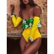 Floral-Print Split-Joint Falbala Off-The-Shoulder Long Sleeve One-Piece Wetsuit Floral-Print Split-Joint Falbala Off-The-Shoulder Long Sleeve One-Piece Wetsuit