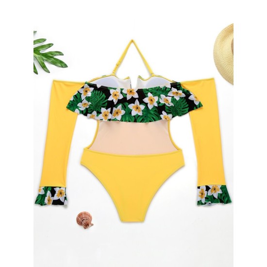 Floral-Print Split-Joint Falbala Off-The-Shoulder Long Sleeve One-Piece Wetsuit Floral-Print Split-Joint Falbala Off-The-Shoulder Long Sleeve One-Piece Wetsuit
