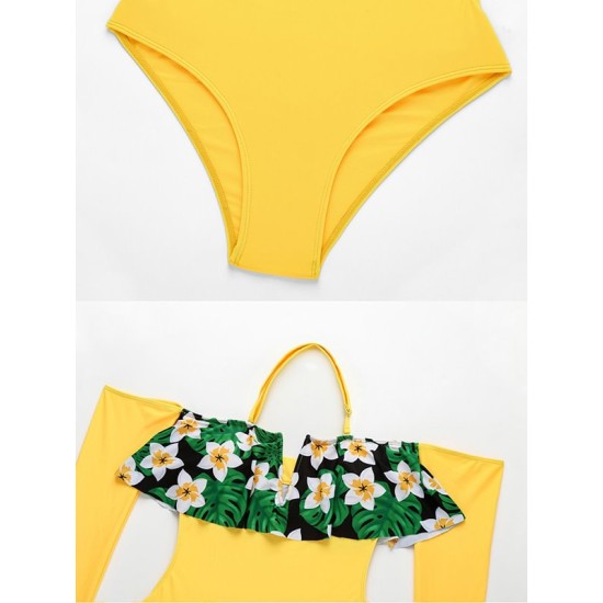 Floral-Print Split-Joint Falbala Off-The-Shoulder Long Sleeve One-Piece Wetsuit Floral-Print Split-Joint Falbala Off-The-Shoulder Long Sleeve One-Piece Wetsuit