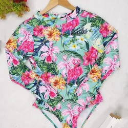 Long Sleeve Floral-Print Backless Wetsuit