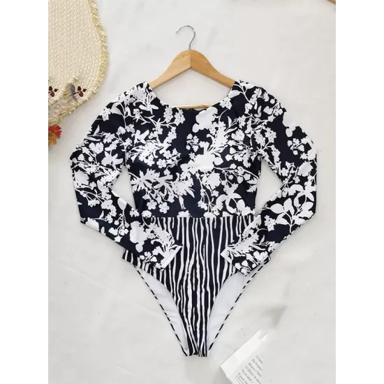 Long Sleeve Floral-Print Backless Wetsuit Long Sleeve Floral-Print Backless Wetsuit
