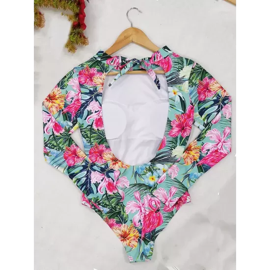Long Sleeve Floral-Print Backless Wetsuit Long Sleeve Floral-Print Backless Wetsuit