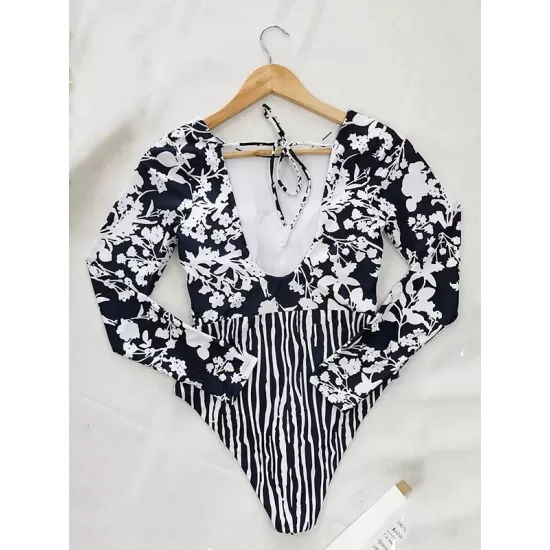 Long Sleeve Floral-Print Backless Wetsuit Long Sleeve Floral-Print Backless Wetsuit