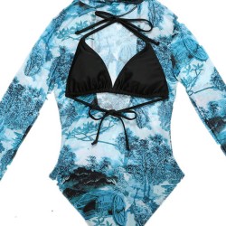 Long Sleeve Mesh Floral-Print Backless One-Piece Swimwear