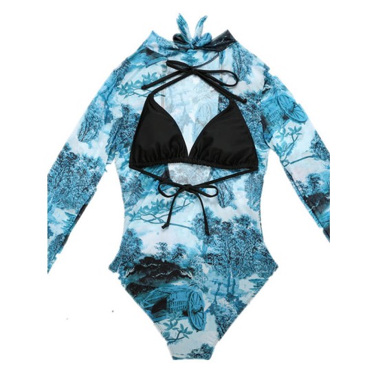 Long Sleeve Mesh Floral-Print Backless One-Piece Swimwear Long Sleeve Mesh Floral-Print Backless One-Piece Swimwear