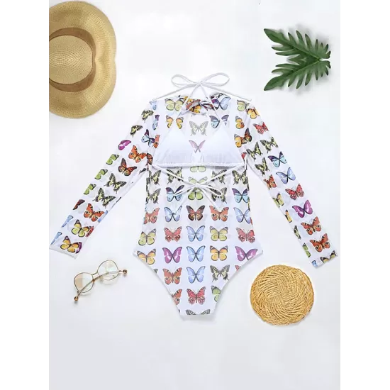 Long Sleeve Mesh Floral-Print Backless One-Piece Swimwear Long Sleeve Mesh Floral-Print Backless One-Piece Swimwear