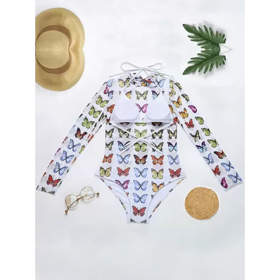 Long Sleeve Mesh Floral-Print Backless One-Piece Swimwear Long Sleeve Mesh Floral-Print Backless One-Piece Swimwear
