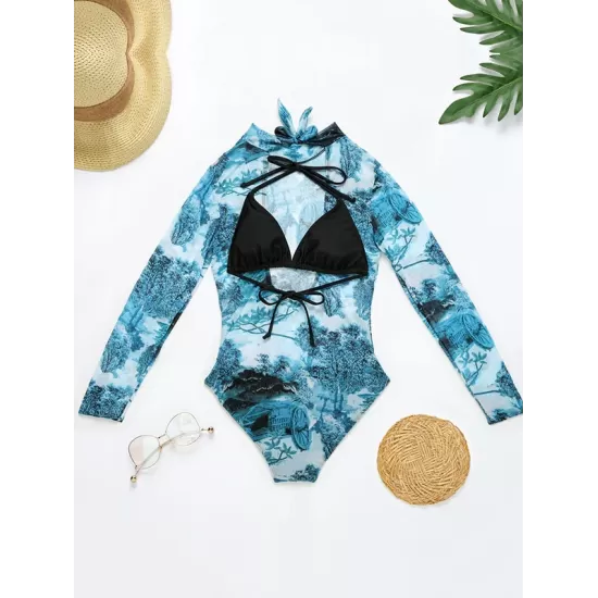 Long Sleeve Mesh Floral-Print Backless One-Piece Swimwear Long Sleeve Mesh Floral-Print Backless One-Piece Swimwear