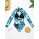 Long Sleeve Mesh Floral-Print Backless One-Piece Swimwear Long Sleeve Mesh Floral-Print Backless One-Piece Swimwear