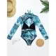Long Sleeve Mesh Floral-Print Backless One-Piece Swimwear Long Sleeve Mesh Floral-Print Backless One-Piece Swimwear