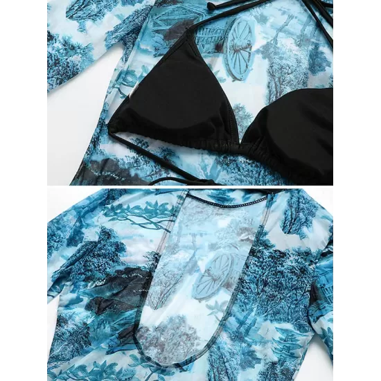 Long Sleeve Mesh Floral-Print Backless One-Piece Swimwear Long Sleeve Mesh Floral-Print Backless One-Piece Swimwear