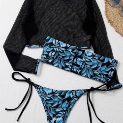 Floral-Print Bandeau Tie Side Long Sleeve Cover-Ups Swimwear