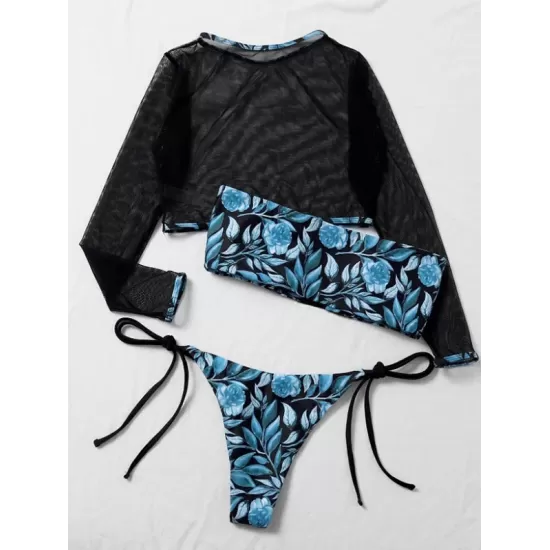 Floral-Print Bandeau Tie Side Long Sleeve Cover-Ups Swimwear Floral-Print Bandeau Tie Side Long Sleeve Cover-Ups Swimwear