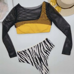 Long Sleeve Cover-Up Top One-Shoulder Bandeau High-Waisted Bikini Swimwear