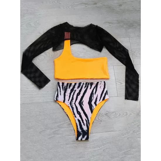 Long Sleeve Cover-Up Top One-Shoulder Bandeau High-Waisted Bikini Swimwear Long Sleeve Cover-Up Top One-Shoulder Bandeau High-Waisted Bikini Swimwear