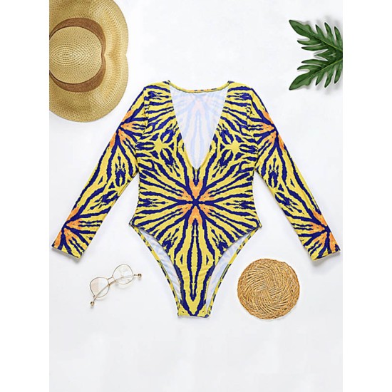 Long Sleeve Deep V-Neck Floral One-Piece Swimwear Long Sleeve Deep V-Neck Floral One-Piece Swimwear