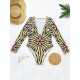 Long Sleeve Deep V-Neck Floral One-Piece Swimwear Long Sleeve Deep V-Neck Floral One-Piece Swimwear