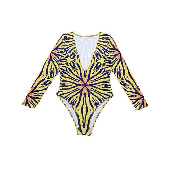 Long Sleeve Deep V-Neck Floral One-Piece Swimwear Long Sleeve Deep V-Neck Floral One-Piece Swimwear
