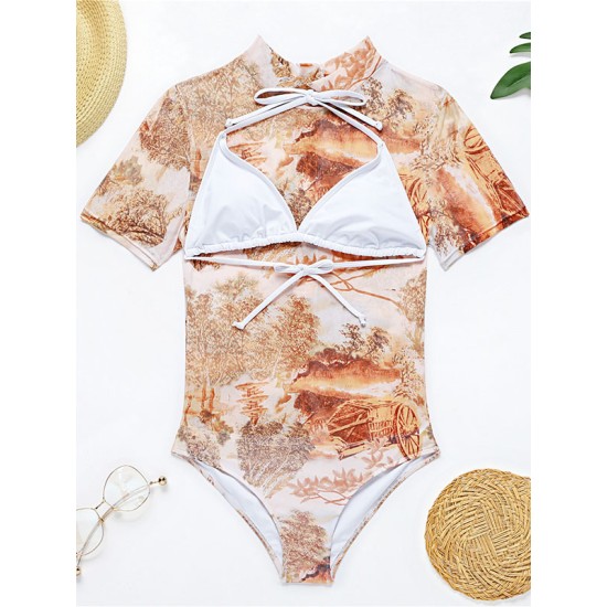 Short Sleeve Floral Mesh Three Pieces Bikini Swimwear Short Sleeve Floral Mesh Three Pieces Bikini Swimwear