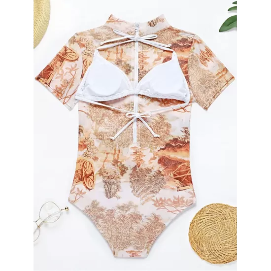 Short Sleeve Floral Mesh Three Pieces Bikini Swimwear Short Sleeve Floral Mesh Three Pieces Bikini Swimwear