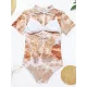 Short Sleeve Floral Mesh Three Pieces Bikini Swimwear Short Sleeve Floral Mesh Three Pieces Bikini Swimwear