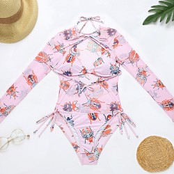 Long Sleeve Floral Mesh Three Pieces Bikini Swimwear