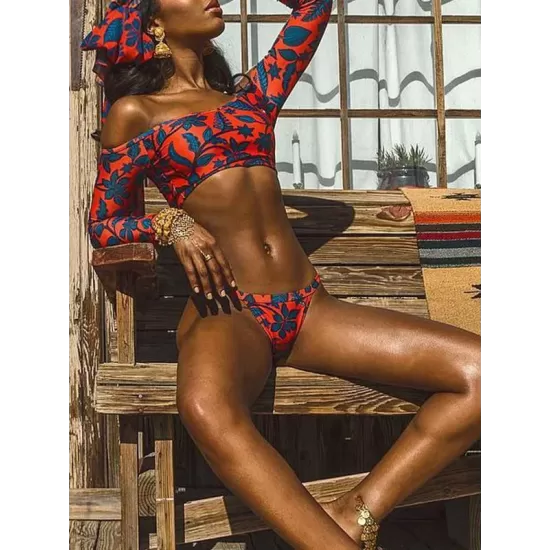 Floral Print Long Sleeve Off-The-Shoulder Brazilian Wetsuit Floral Print Long Sleeve Off-The-Shoulder Brazilian Wetsuit