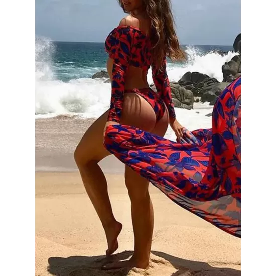 Floral Print Long Sleeve Off-The-Shoulder Brazilian Wetsuit Floral Print Long Sleeve Off-The-Shoulder Brazilian Wetsuit