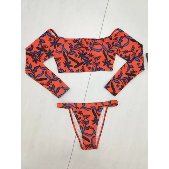 Floral Print Long Sleeve Off-The-Shoulder Brazilian Wetsuit Floral Print Long Sleeve Off-The-Shoulder Brazilian Wetsuit