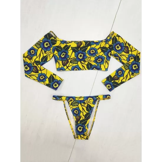 Floral Print Long Sleeve Off-The-Shoulder Brazilian Wetsuit Floral Print Long Sleeve Off-The-Shoulder Brazilian Wetsuit