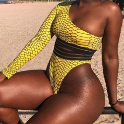 One-Shoulder Long Sleeve Snake-Print Split Bikini Swimsuit