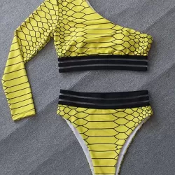 One-Shoulder Long Sleeve Snake-Print Split Bikini Swimsuit