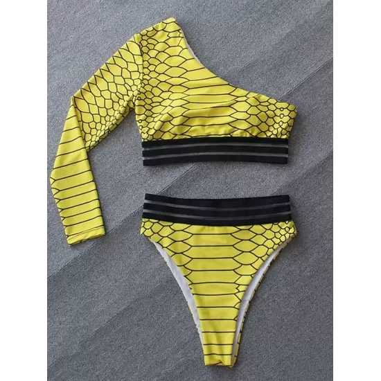One-Shoulder Long Sleeve Snake-Print Split Bikini Swimsuit One-Shoulder Long Sleeve Snake-Print Split Bikini Swimsuit