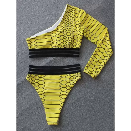One-Shoulder Long Sleeve Snake-Print Split Bikini Swimsuit One-Shoulder Long Sleeve Snake-Print Split Bikini Swimsuit