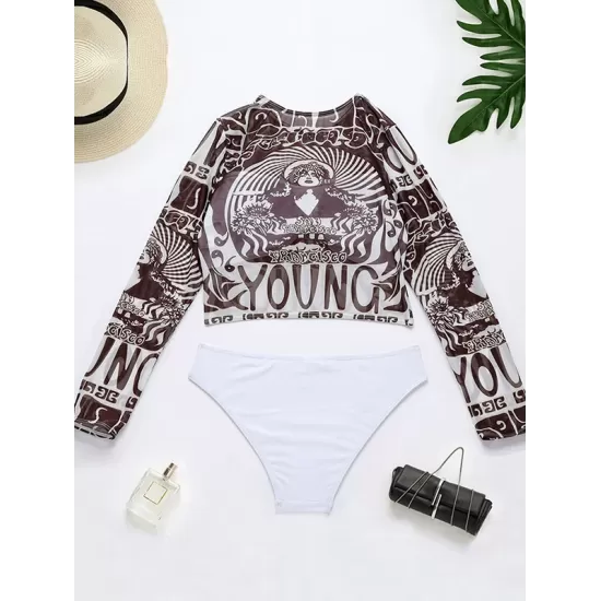 Wetsuit Long Sleeve Floral Print Mesh Split Bikini Swimsuit Wetsuit Long Sleeve Floral Print Mesh Split Bikini Swimsuit