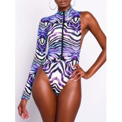 Stripe Print One-Shoulder Long Sleeve Zipper One-Piece Swimwear