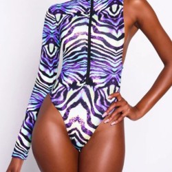 Stripe Print One-Shoulder Long Sleeve Zipper One-Piece Swimwear