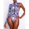 Stripe Print One-Shoulder Long Sleeve Zipper One-Piece Swimwear