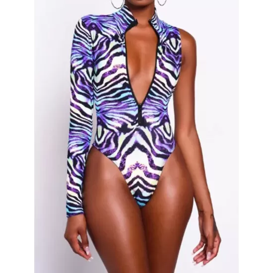 Stripe Print One-Shoulder Long Sleeve Zipper One-Piece Swimwear Stripe Print One-Shoulder Long Sleeve Zipper One-Piece Swimwear