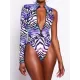 Stripe Print One-Shoulder Long Sleeve Zipper One-Piece Swimwear Stripe Print One-Shoulder Long Sleeve Zipper One-Piece Swimwear