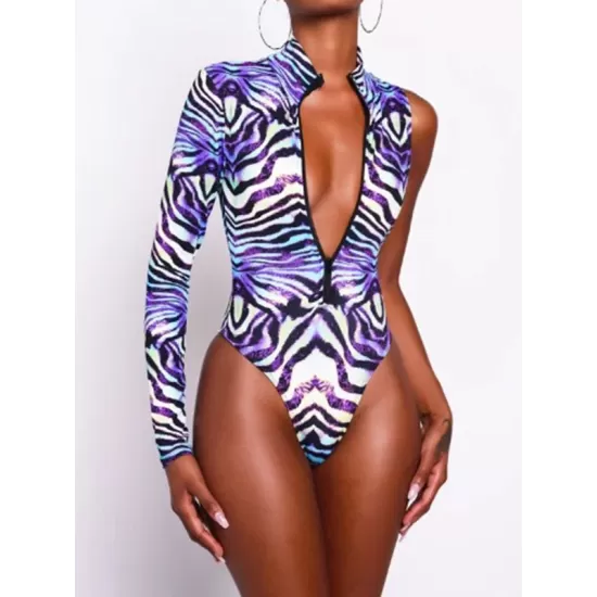 Stripe Print One-Shoulder Long Sleeve Zipper One-Piece Swimwear Stripe Print One-Shoulder Long Sleeve Zipper One-Piece Swimwear