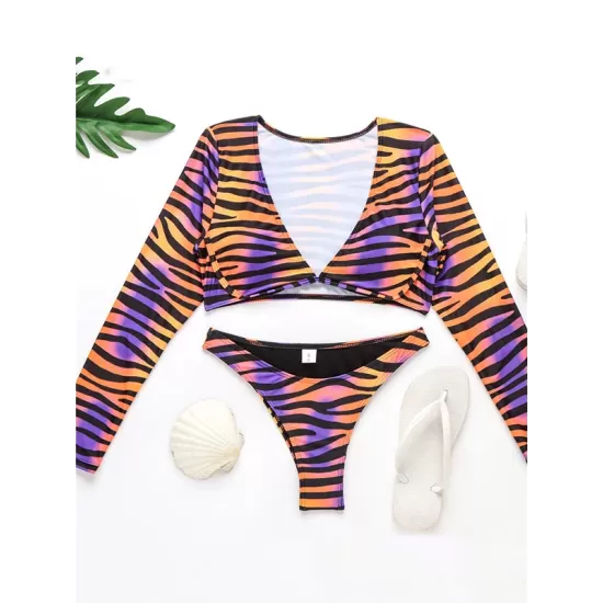 V-Neck Long Sleeve Striped Bralette Brazilian Split Bikini Swimwear V-Neck Long Sleeve Striped Bralette Brazilian Split Bikini Swimwear