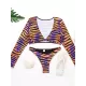 V-Neck Long Sleeve Striped Bralette Brazilian Split Bikini Swimwear V-Neck Long Sleeve Striped Bralette Brazilian Split Bikini Swimwear