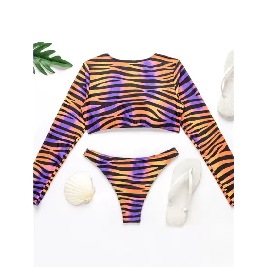 V-Neck Long Sleeve Striped Bralette Brazilian Split Bikini Swimwear V-Neck Long Sleeve Striped Bralette Brazilian Split Bikini Swimwear