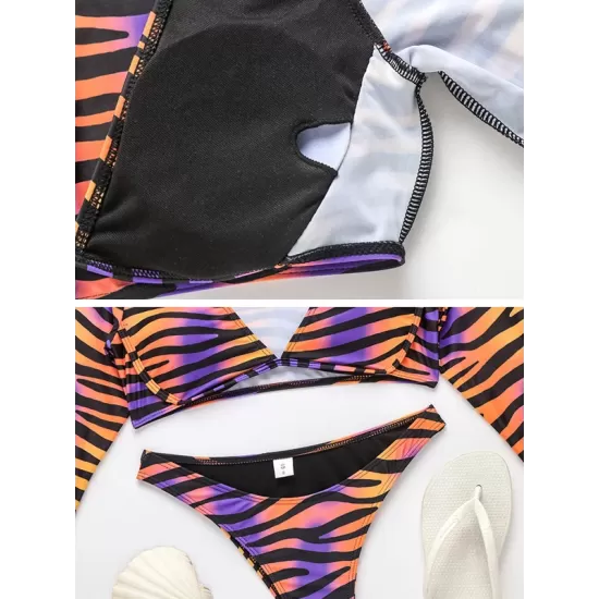 V-Neck Long Sleeve Striped Bralette Brazilian Split Bikini Swimwear V-Neck Long Sleeve Striped Bralette Brazilian Split Bikini Swimwear