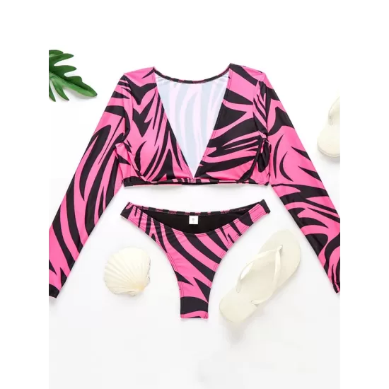 V-Neck Long Sleeve Striped Bralette Brazilian Split Bikini Swimwear V-Neck Long Sleeve Striped Bralette Brazilian Split Bikini Swimwear