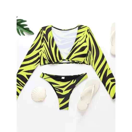 V-Neck Long Sleeve Striped Bralette Brazilian Split Bikini Swimwear V-Neck Long Sleeve Striped Bralette Brazilian Split Bikini Swimwear
