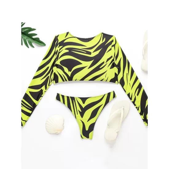 V-Neck Long Sleeve Striped Bralette Brazilian Split Bikini Swimwear V-Neck Long Sleeve Striped Bralette Brazilian Split Bikini Swimwear